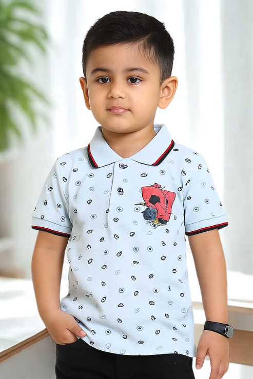 Kid's SkyBlue Polo with Red Graphic Patch